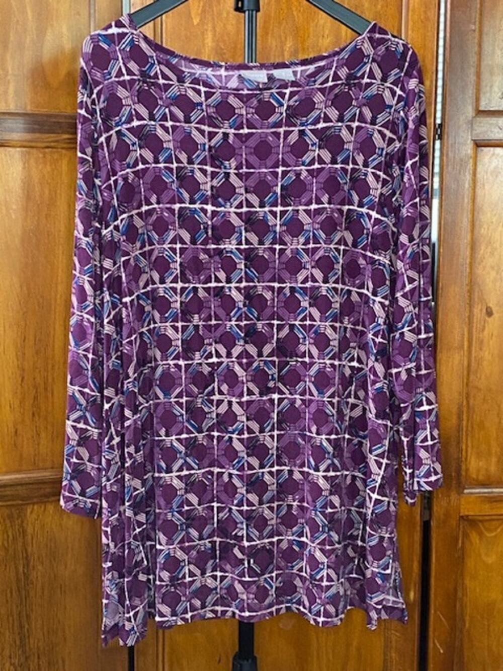Chico's Travelers Top Women's Size 3XL Purple Geometric Print Acetate Stretch